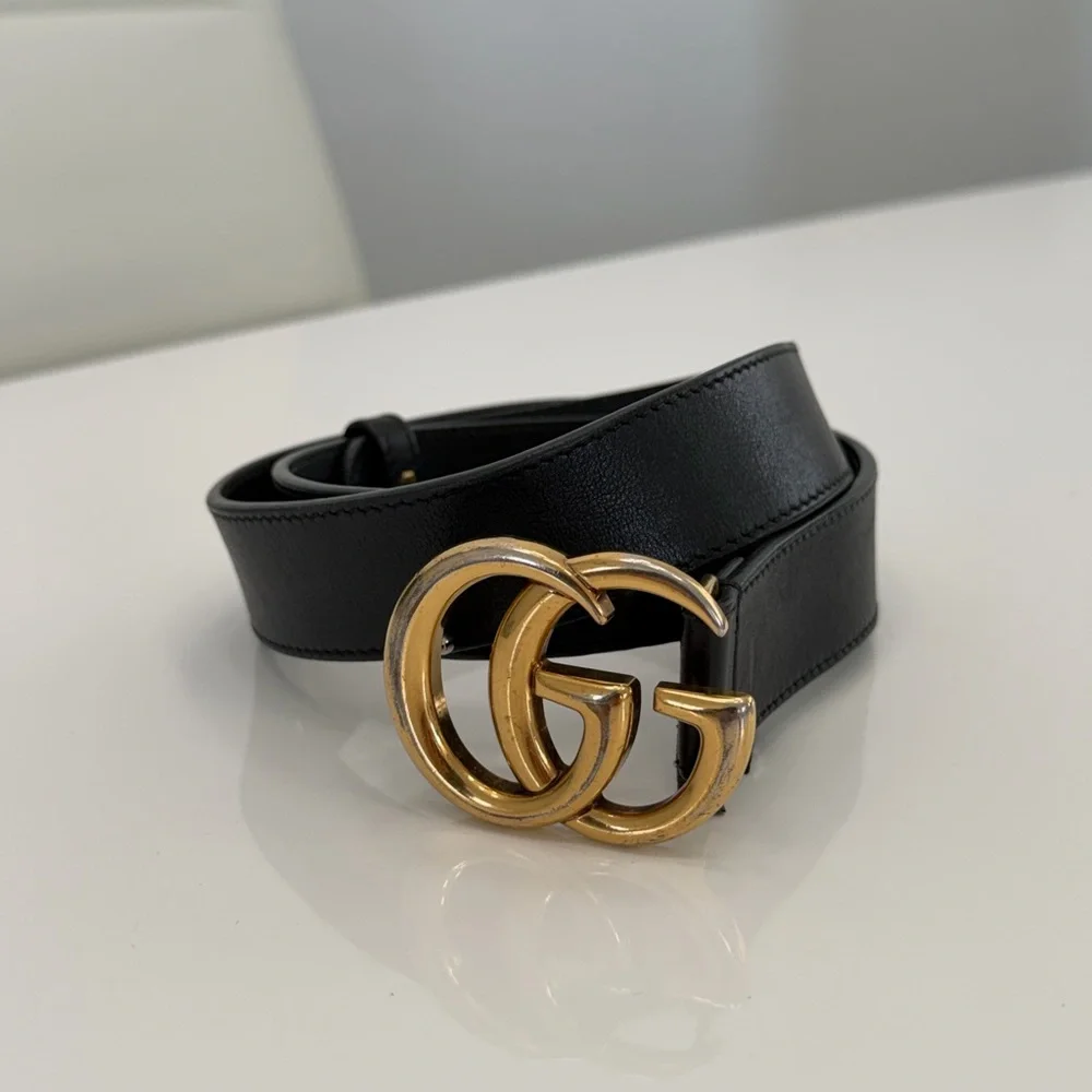 Gucci Black Belt with Gold GG Buckle - Picture 1 of 6